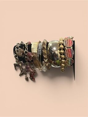 Vintage Gold Bracelet Stack Lot Boho Charm Bangle Beaded Cuff Metallic Mixed